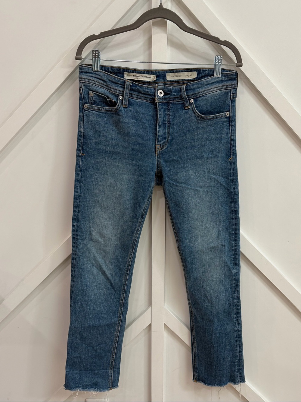Pilcro Light Blue Slim Straight Jeans with Raw Hem